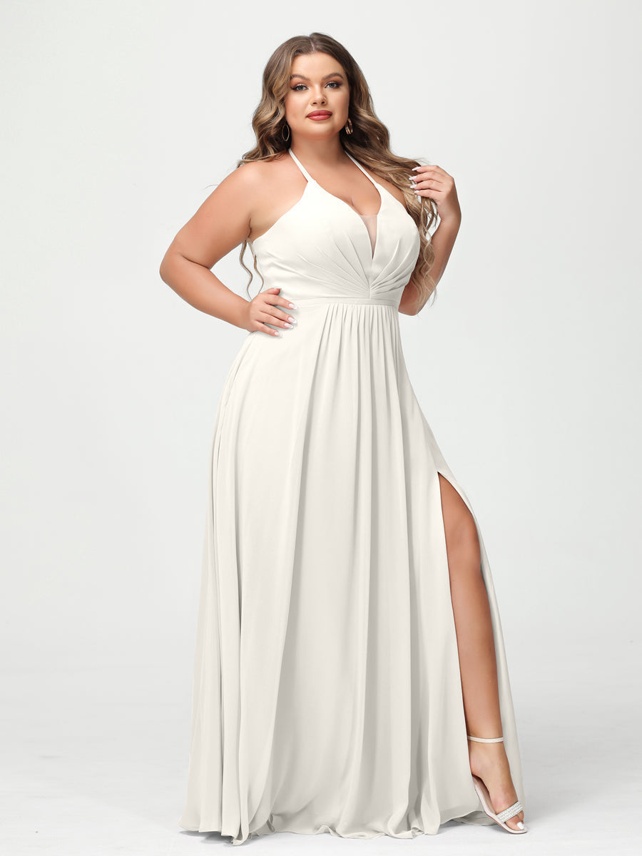 A Line Princess Halter Sleeveless Chiffon Ruched Split Side Plus Size Bridesmaid Dresses with Pockets