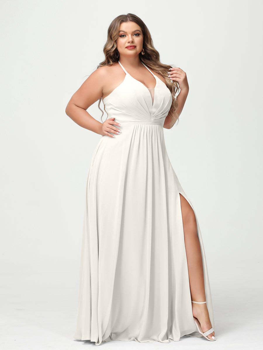 A Line Princess Halter Sleeveless Chiffon Ruched Split Side Plus Size Bridesmaid Dresses with Pockets