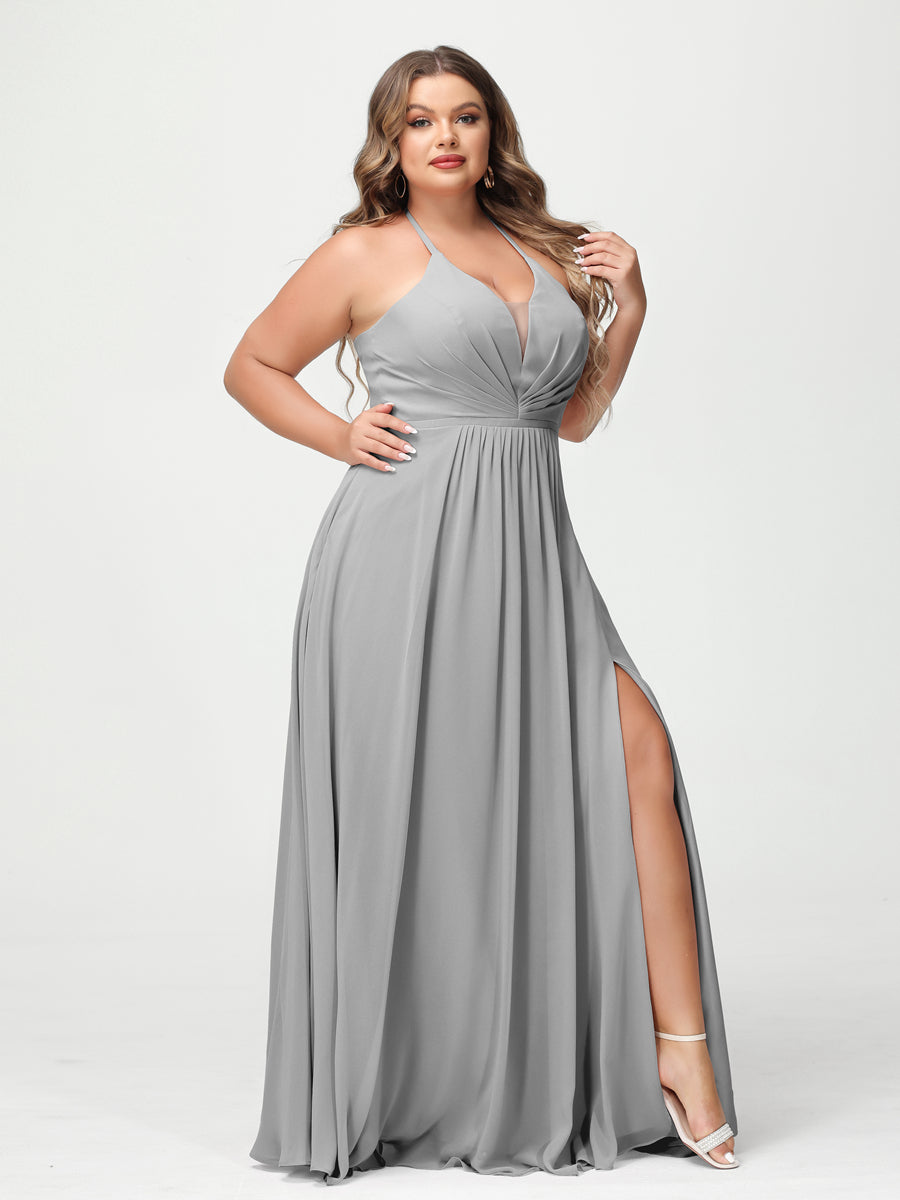 A Line Princess Halter Sleeveless Chiffon Ruched Split Side Plus Size Bridesmaid Dresses with Pockets
