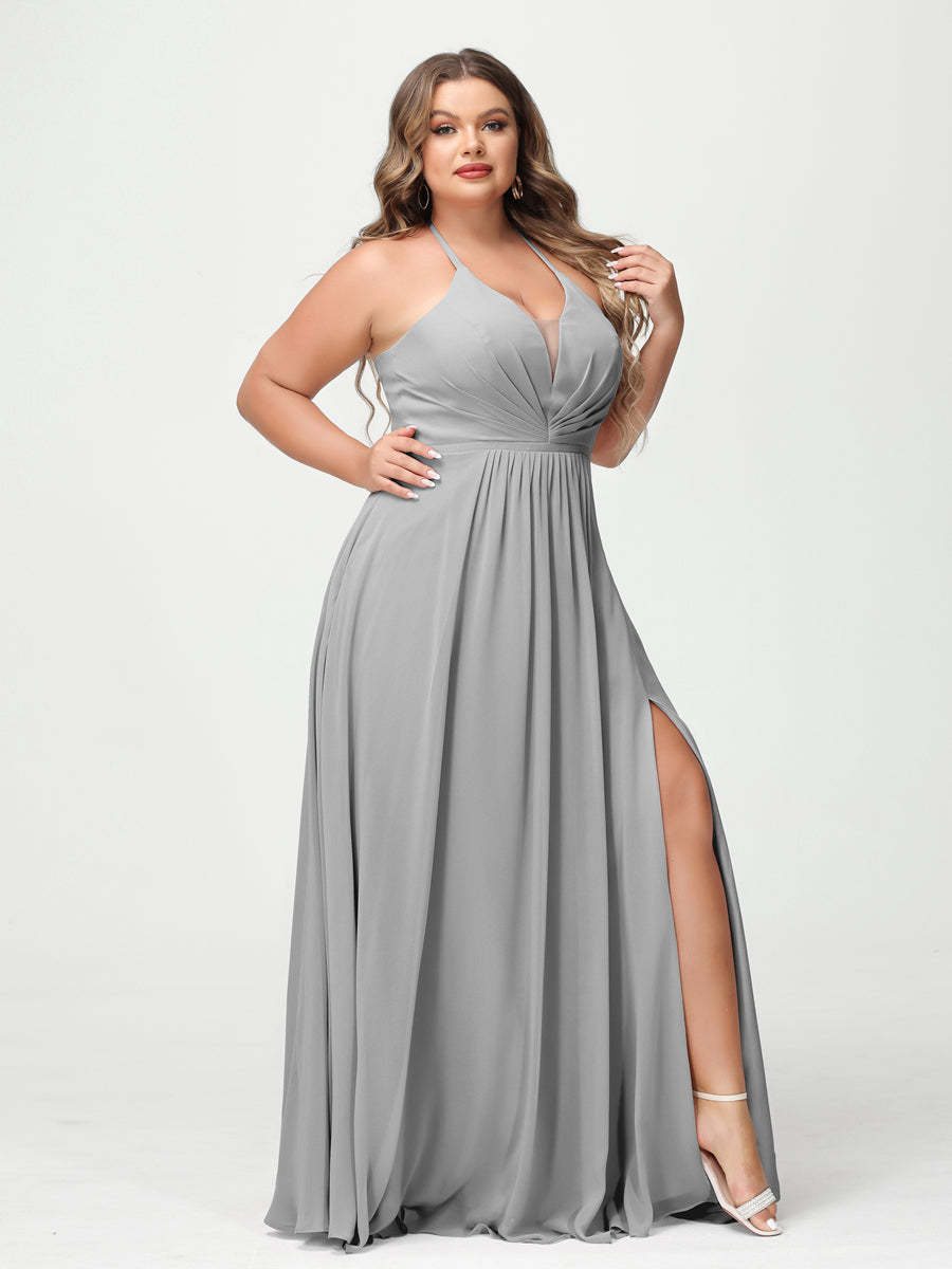 A Line Princess Halter Sleeveless Chiffon Ruched Split Side Plus Size Bridesmaid Dresses with Pockets