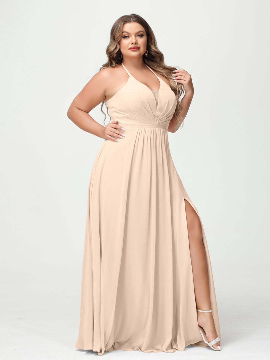 A Line Princess Halter Sleeveless Chiffon Ruched Split Side Plus Size Bridesmaid Dresses with Pockets