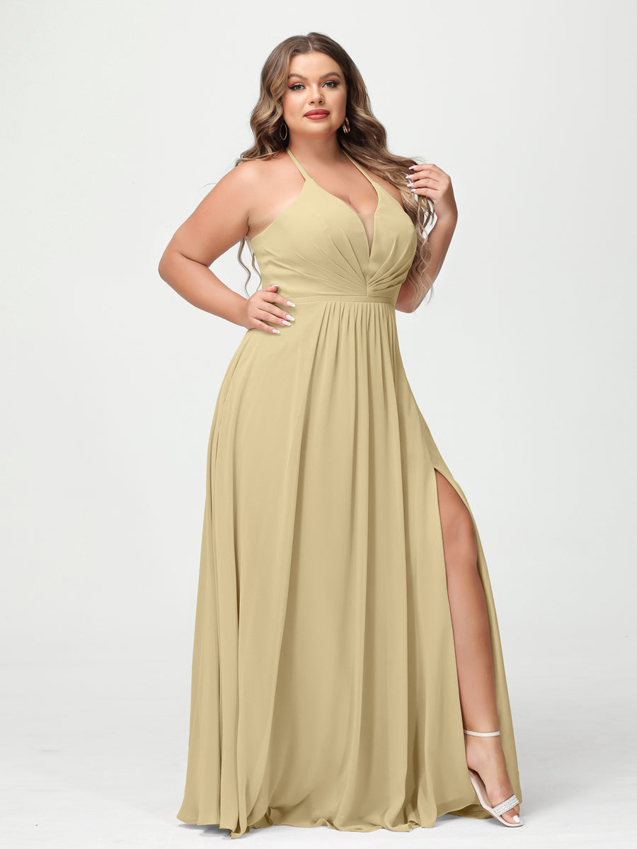 A Line Princess Halter Sleeveless Chiffon Ruched Split Side Plus Size Bridesmaid Dresses with Pockets