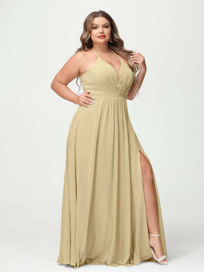 A Line Princess Halter Sleeveless Chiffon Ruched Split Side Plus Size Bridesmaid Dresses with Pockets