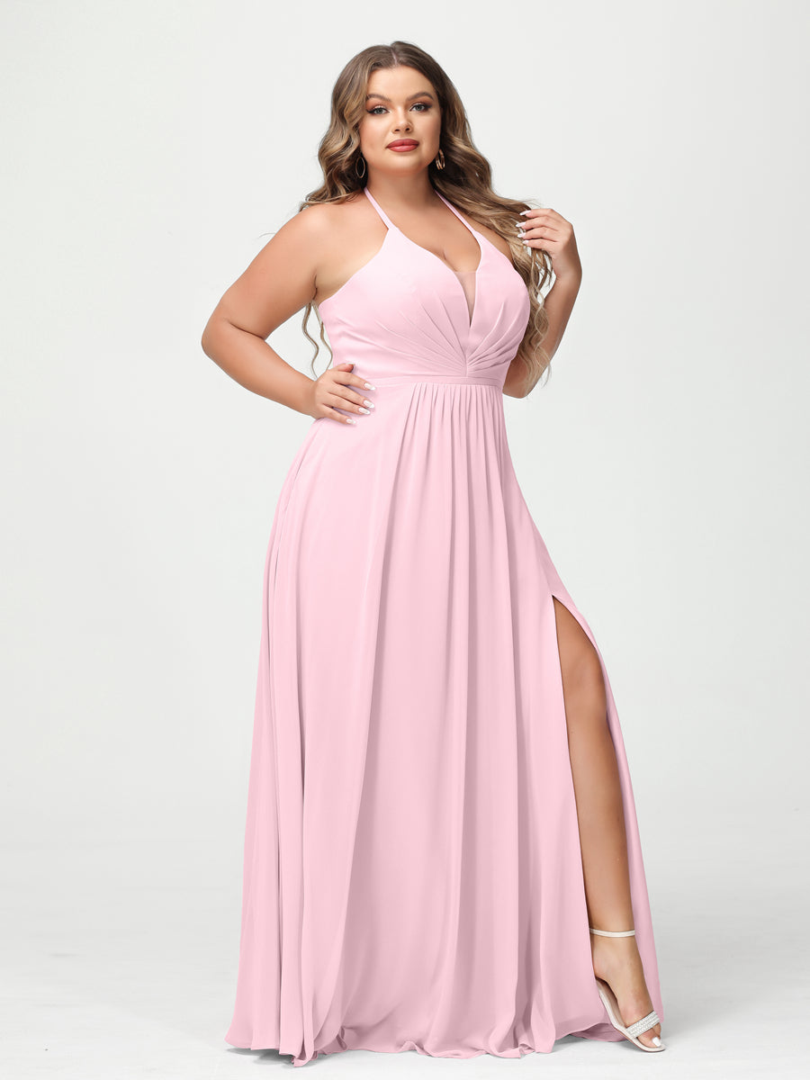 A Line Princess Halter Sleeveless Chiffon Ruched Split Side Plus Size Bridesmaid Dresses with Pockets