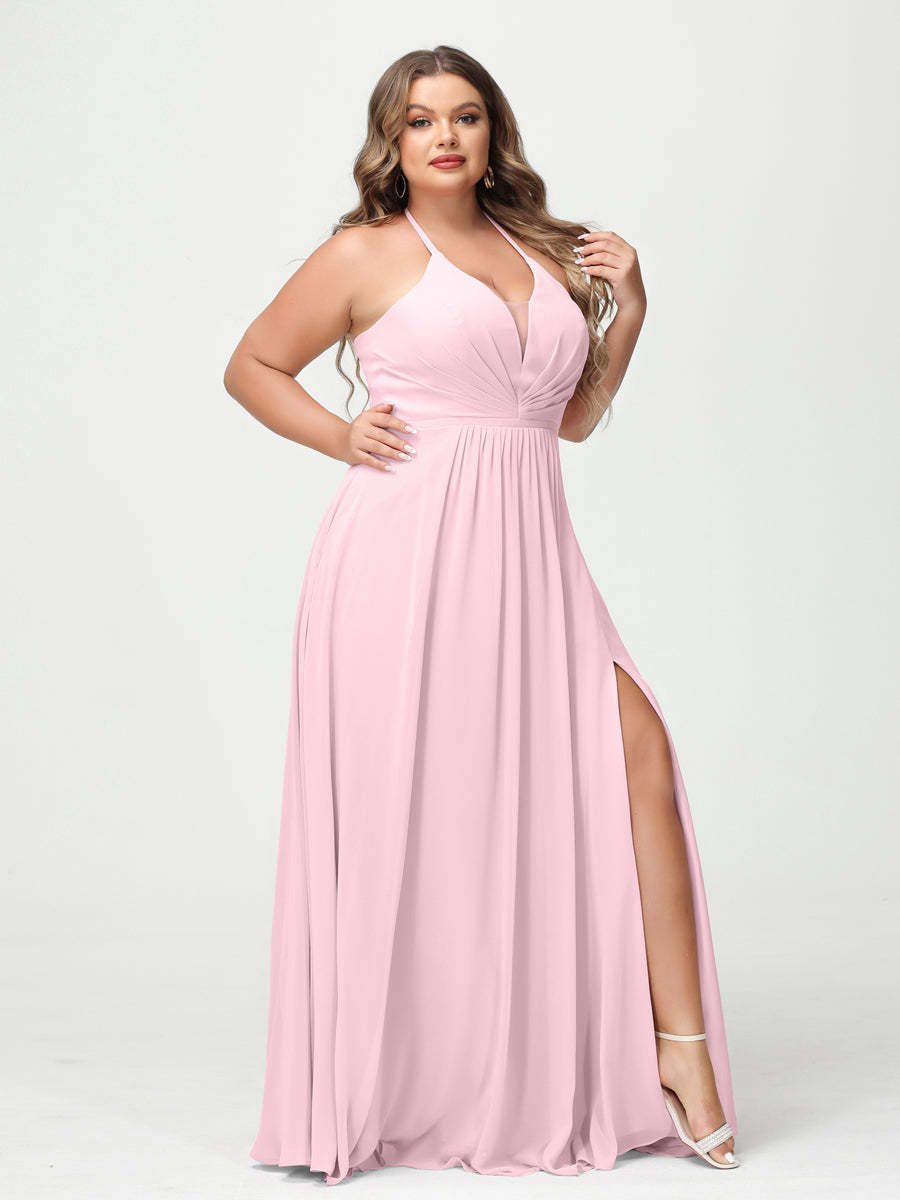 A Line Princess Halter Sleeveless Chiffon Ruched Split Side Plus Size Bridesmaid Dresses with Pockets