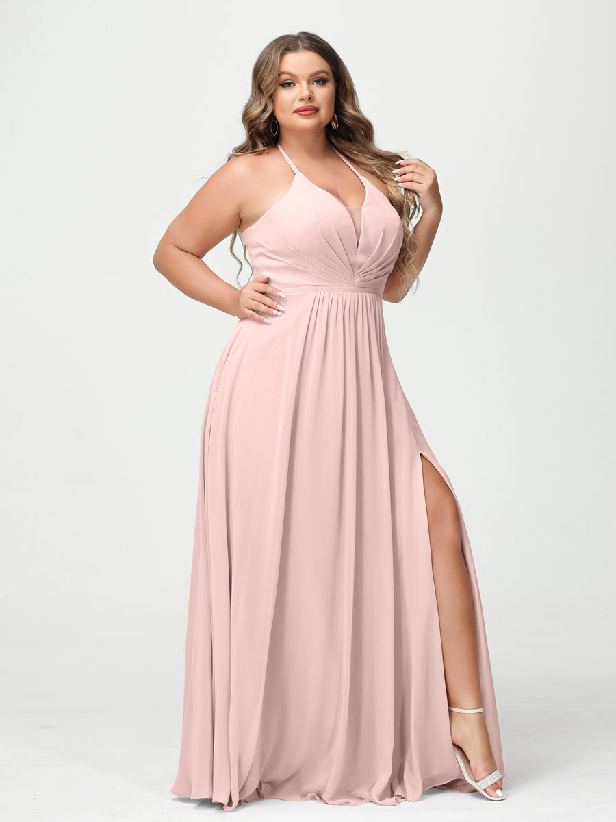 A Line Princess Halter Sleeveless Chiffon Ruched Split Side Plus Size Bridesmaid Dresses with Pockets