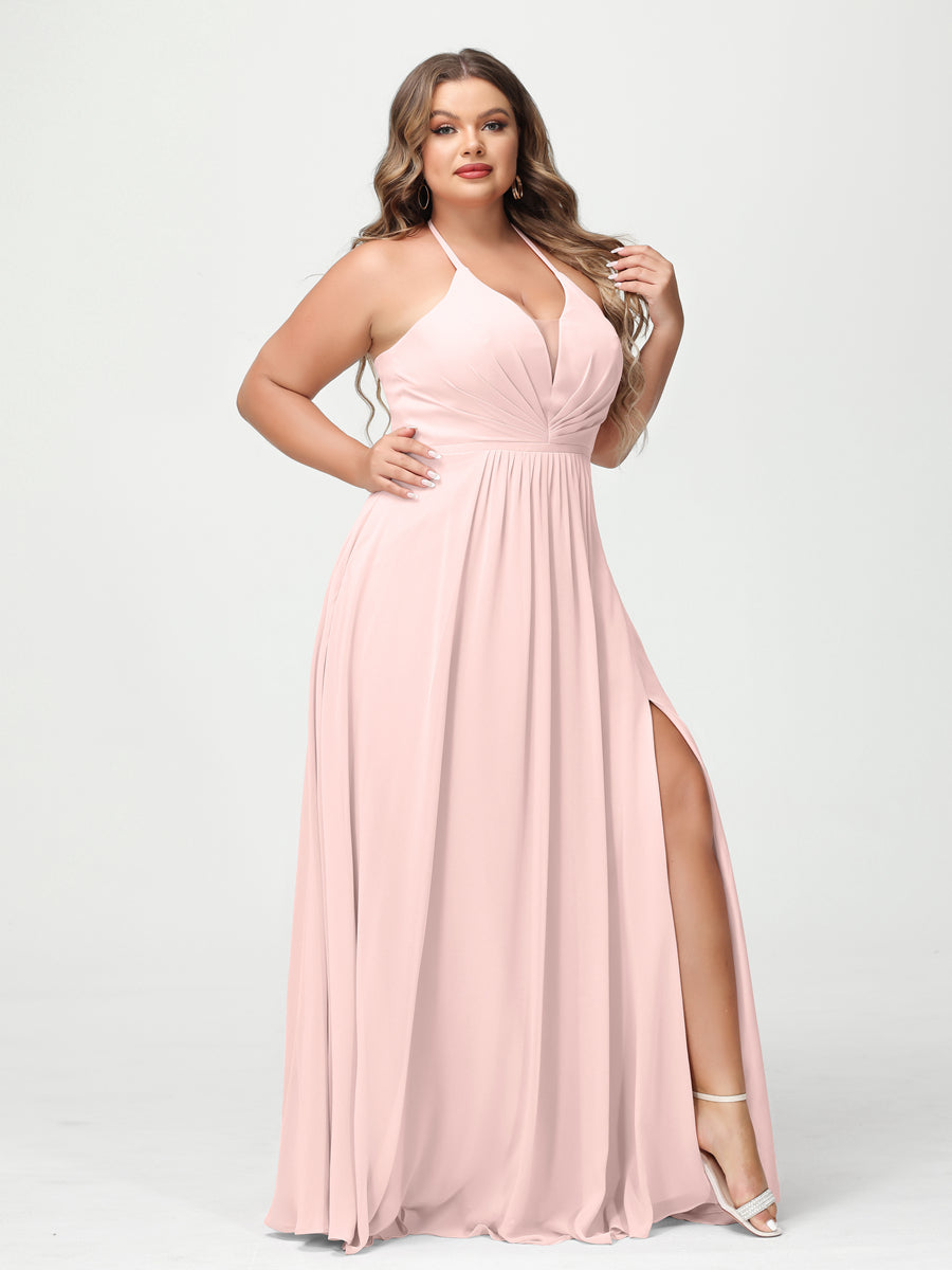 A Line Princess Halter Sleeveless Chiffon Ruched Split Side Plus Size Bridesmaid Dresses with Pockets