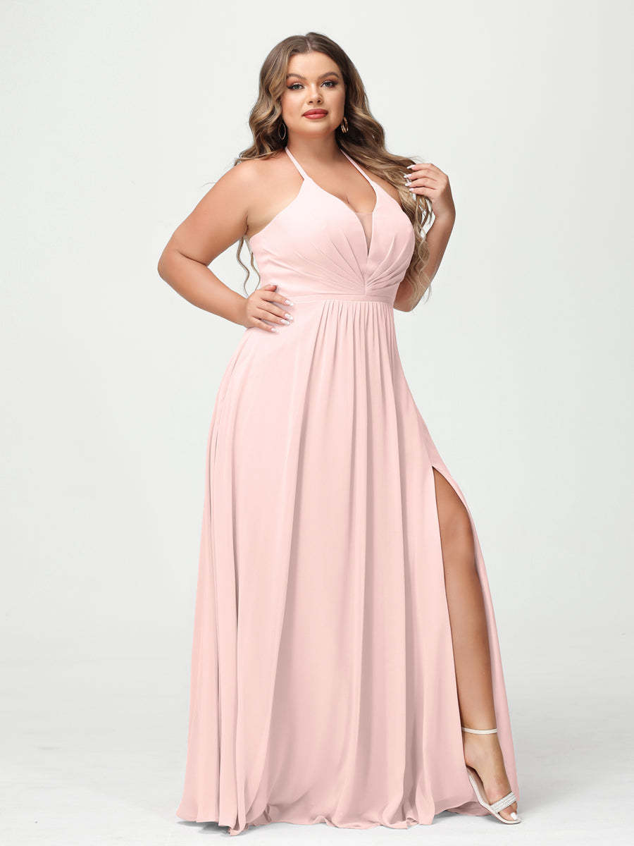 A Line Princess Halter Sleeveless Chiffon Ruched Split Side Plus Size Bridesmaid Dresses with Pockets