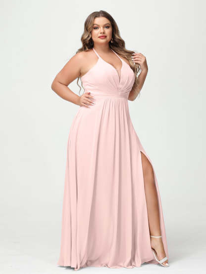 A Line Princess Halter Sleeveless Chiffon Ruched Split Side Plus Size Bridesmaid Dresses with Pockets