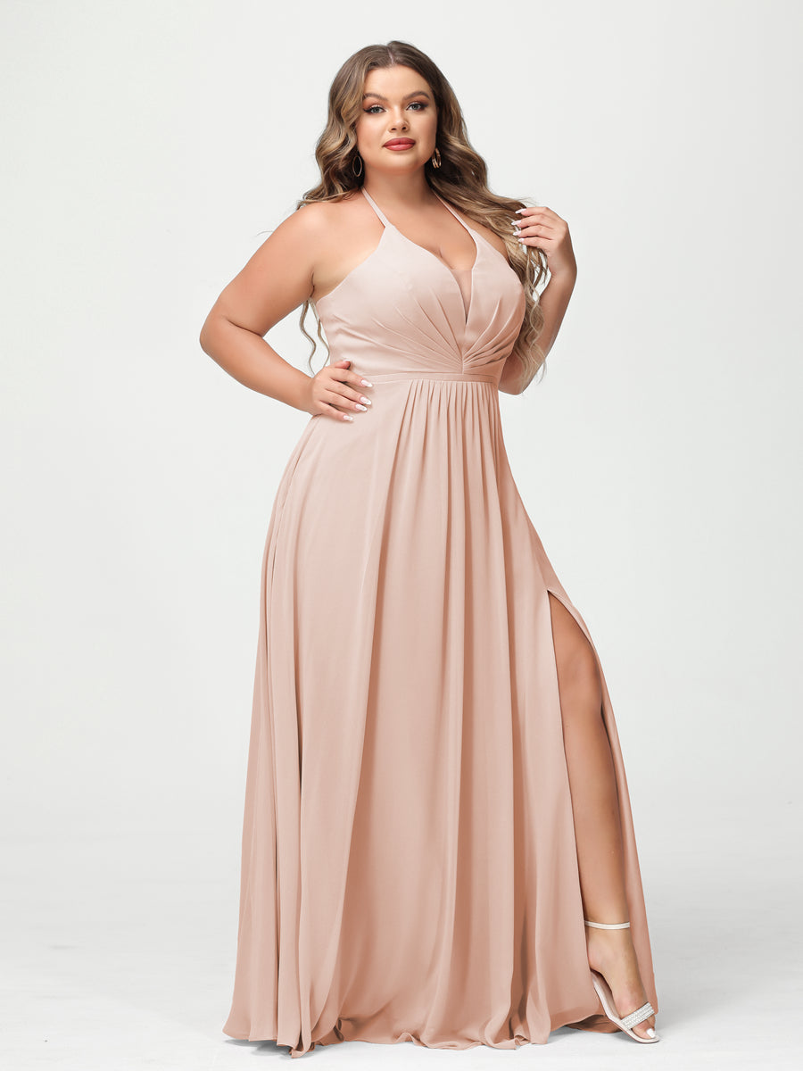 A Line Princess Halter Sleeveless Chiffon Ruched Split Side Plus Size Bridesmaid Dresses with Pockets