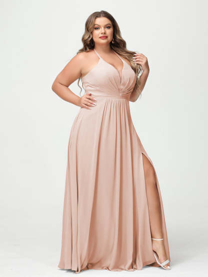 A Line Princess Halter Sleeveless Chiffon Ruched Split Side Plus Size Bridesmaid Dresses with Pockets