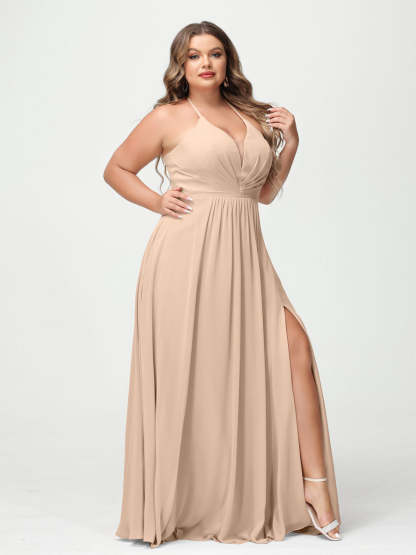 A Line Princess Halter Sleeveless Chiffon Ruched Split Side Plus Size Bridesmaid Dresses with Pockets