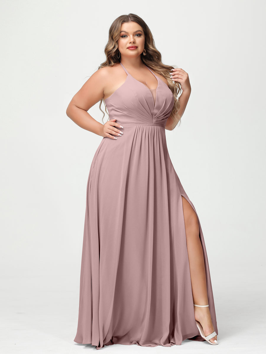 A Line Princess Halter Sleeveless Chiffon Ruched Split Side Plus Size Bridesmaid Dresses with Pockets