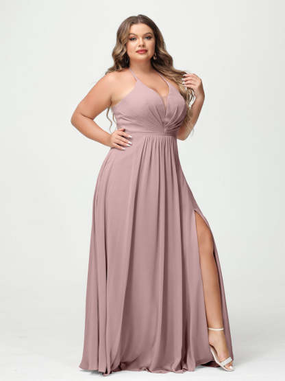 A Line Princess Halter Sleeveless Chiffon Ruched Split Side Plus Size Bridesmaid Dresses with Pockets