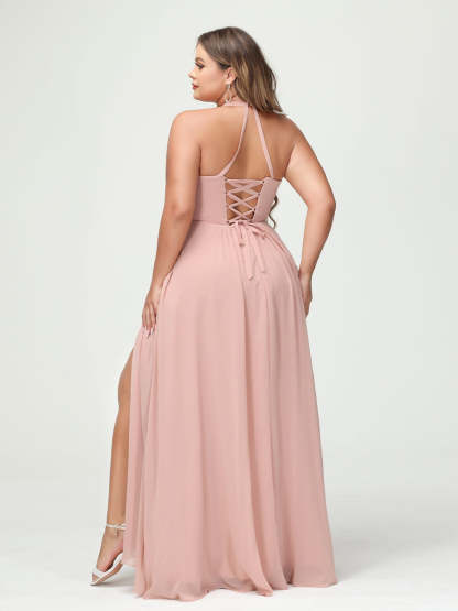 A Line Princess Halter Sleeveless Chiffon Ruched Split Side Plus Size Bridesmaid Dresses with Pockets