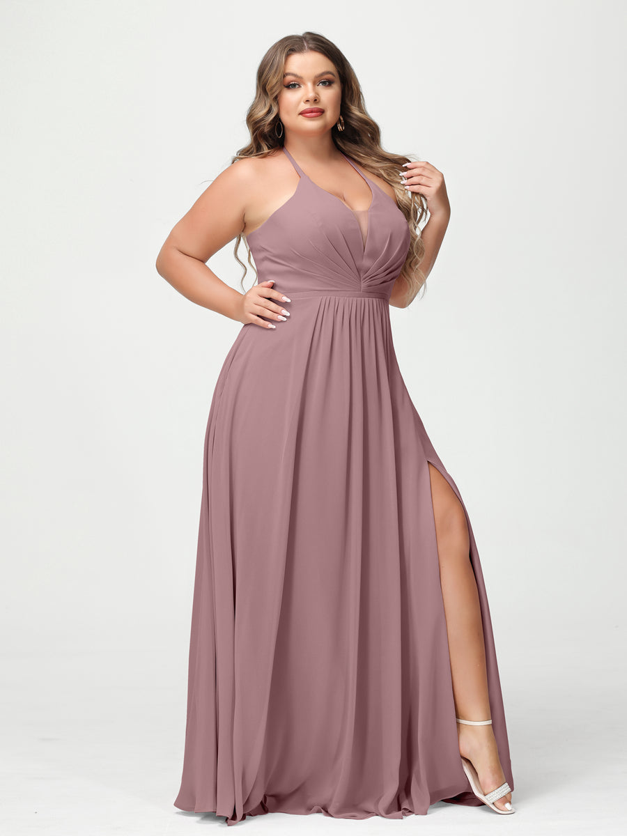 A Line Princess Halter Sleeveless Chiffon Ruched Split Side Plus Size Bridesmaid Dresses with Pockets