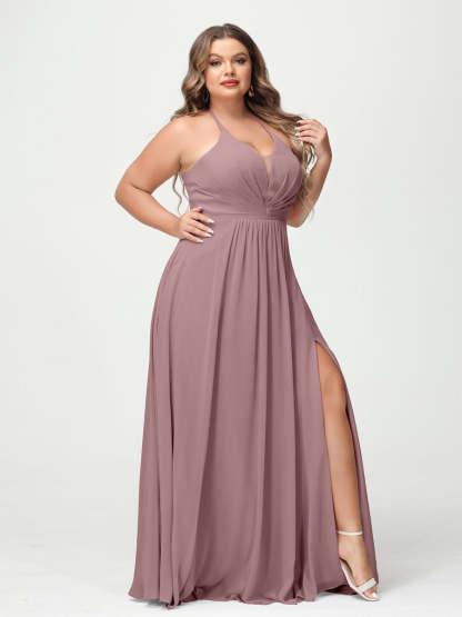 A Line Princess Halter Sleeveless Chiffon Ruched Split Side Plus Size Bridesmaid Dresses with Pockets