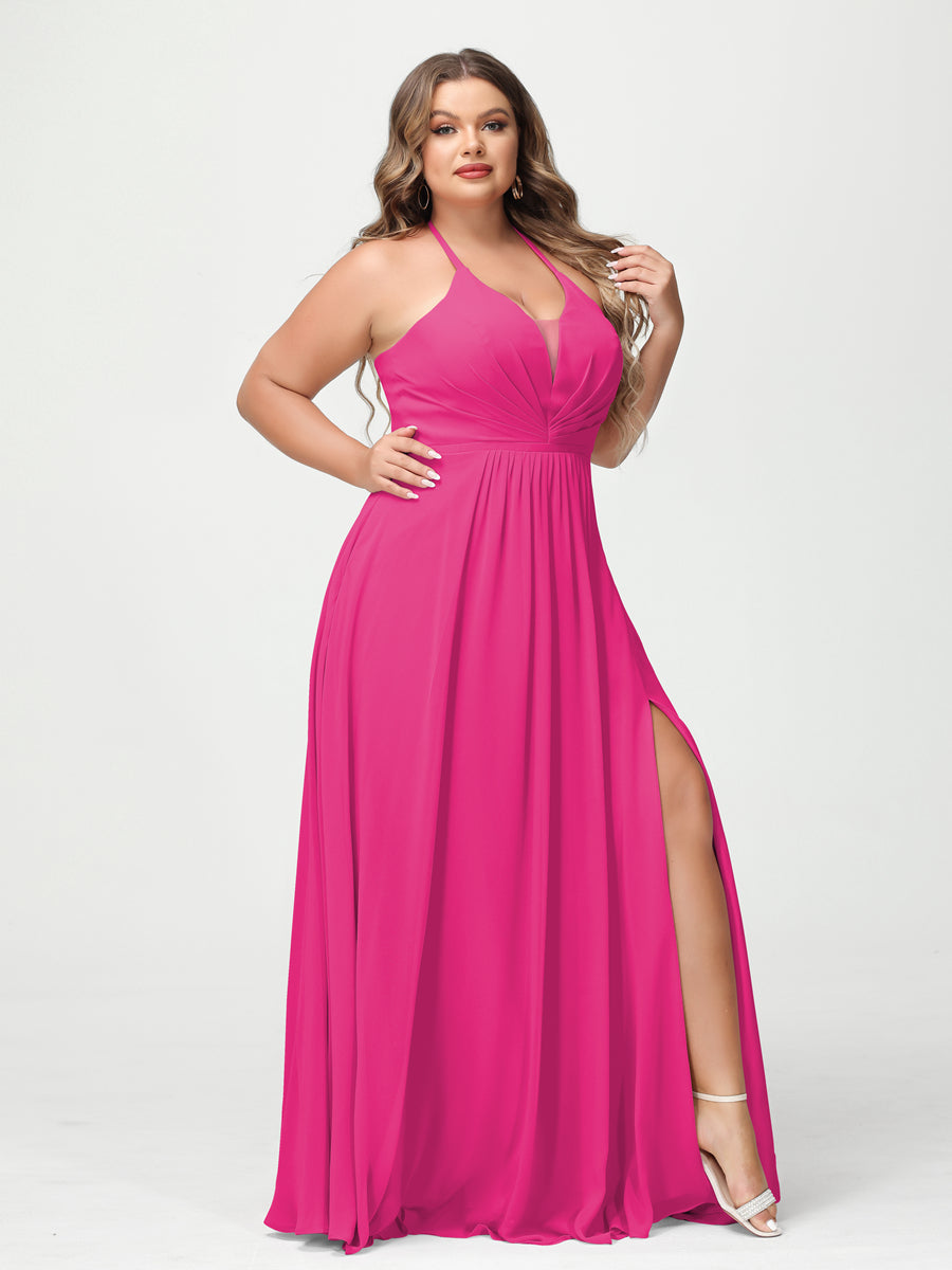 A Line Princess Halter Sleeveless Chiffon Ruched Split Side Plus Size Bridesmaid Dresses with Pockets
