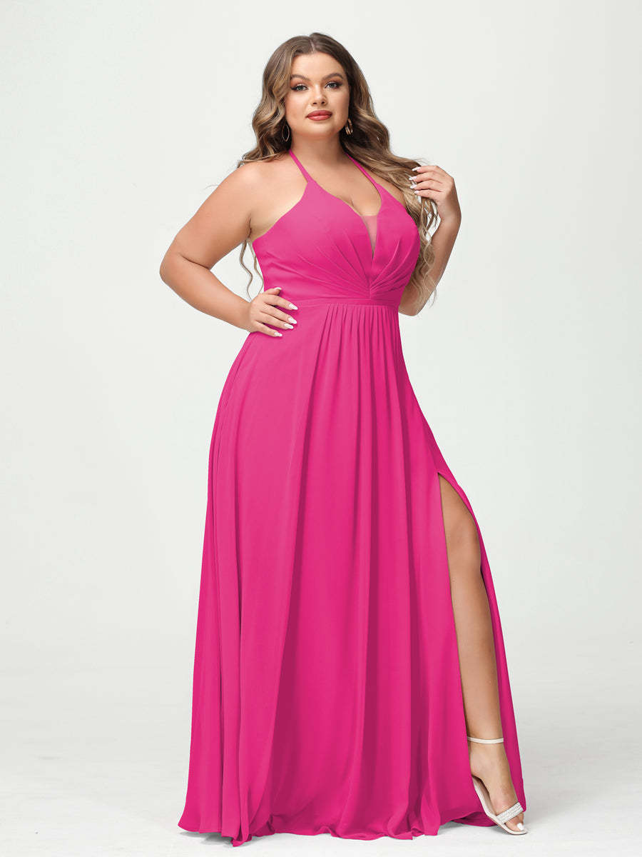 A Line Princess Halter Sleeveless Chiffon Ruched Split Side Plus Size Bridesmaid Dresses with Pockets