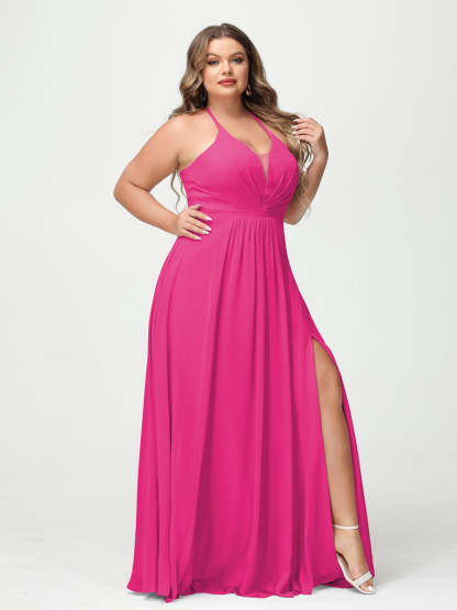 A Line Princess Halter Sleeveless Chiffon Ruched Split Side Plus Size Bridesmaid Dresses with Pockets