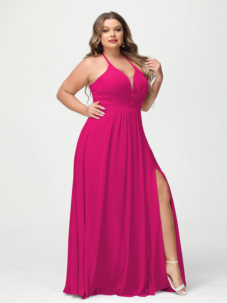A Line Princess Halter Sleeveless Chiffon Ruched Split Side Plus Size Bridesmaid Dresses with Pockets