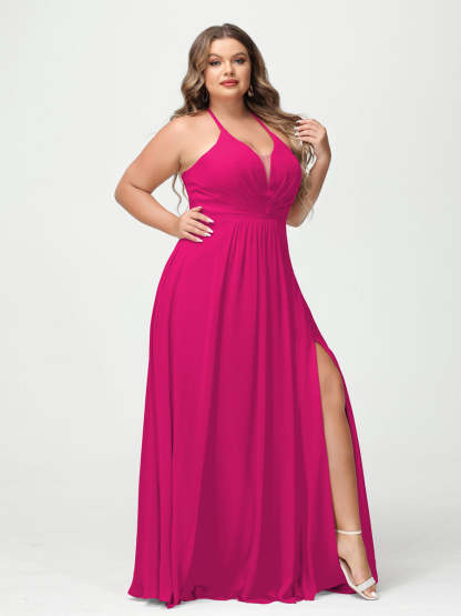 A Line Princess Halter Sleeveless Chiffon Ruched Split Side Plus Size Bridesmaid Dresses with Pockets