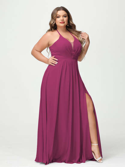 A Line Princess Halter Sleeveless Chiffon Ruched Split Side Plus Size Bridesmaid Dresses with Pockets