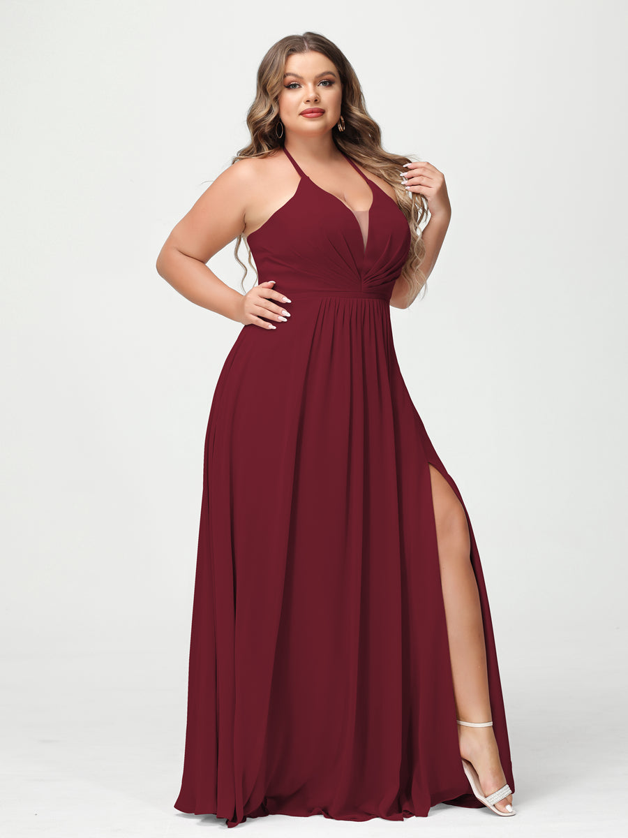 A Line Princess Halter Sleeveless Chiffon Ruched Split Side Plus Size Bridesmaid Dresses with Pockets