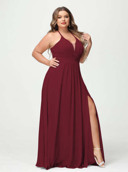 A Line Princess Halter Sleeveless Chiffon Ruched Split Side Plus Size Bridesmaid Dresses with Pockets
