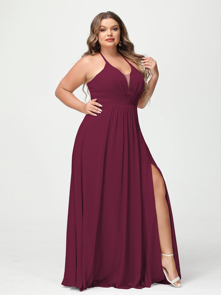 A Line Princess Halter Sleeveless Chiffon Ruched Split Side Plus Size Bridesmaid Dresses with Pockets
