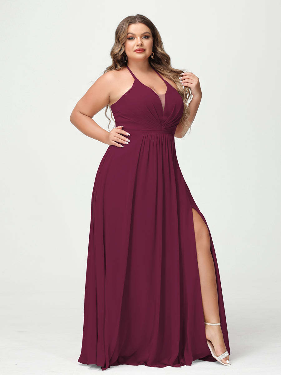 A Line Princess Halter Sleeveless Chiffon Ruched Split Side Plus Size Bridesmaid Dresses with Pockets