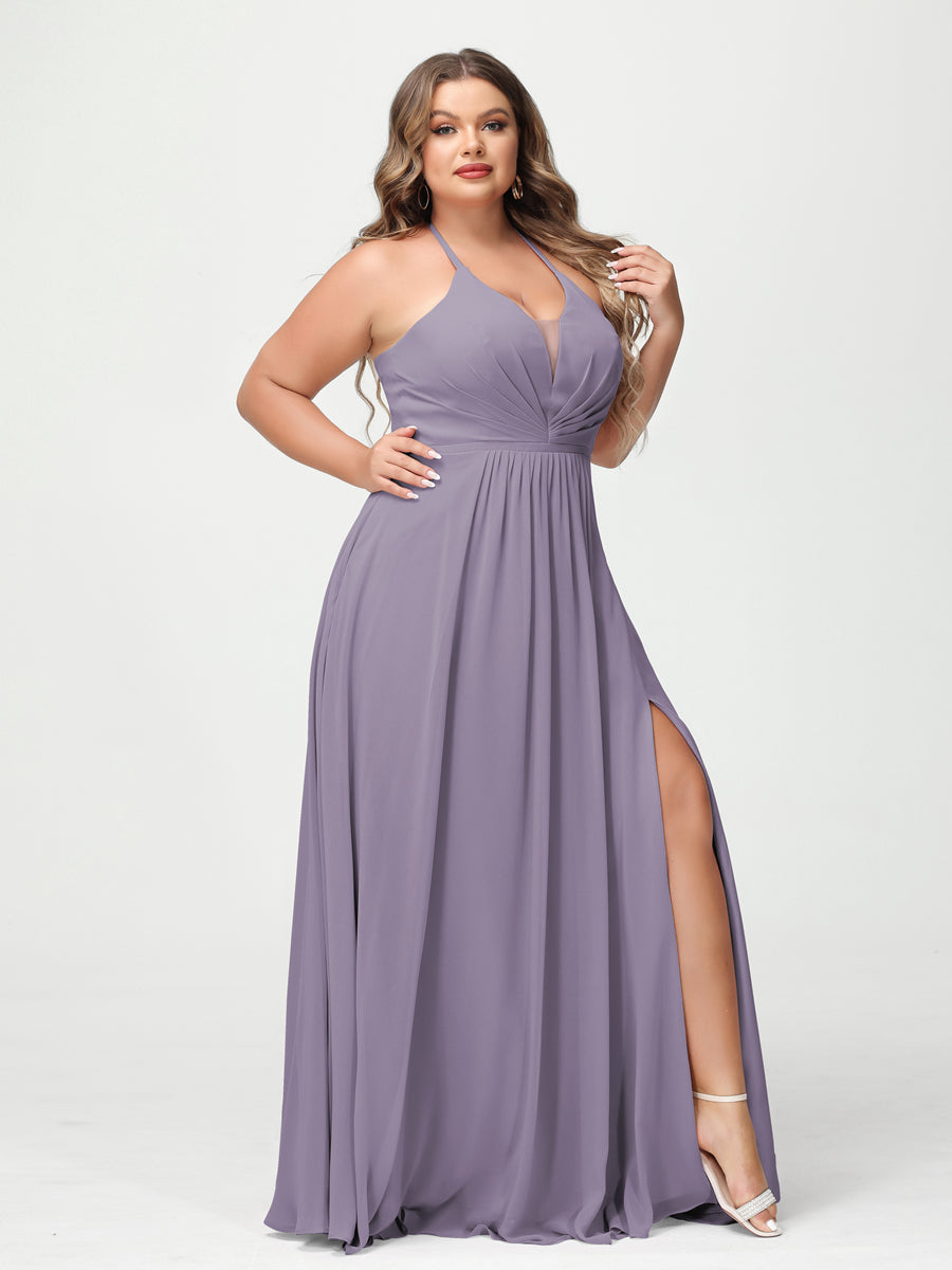 A Line Princess Halter Sleeveless Chiffon Ruched Split Side Plus Size Bridesmaid Dresses with Pockets
