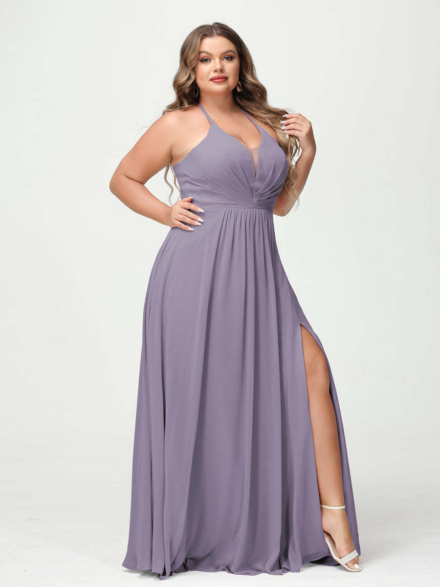 A Line Princess Halter Sleeveless Chiffon Ruched Split Side Plus Size Bridesmaid Dresses with Pockets