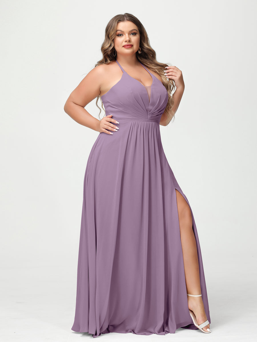 A Line Princess Halter Sleeveless Chiffon Ruched Split Side Plus Size Bridesmaid Dresses with Pockets