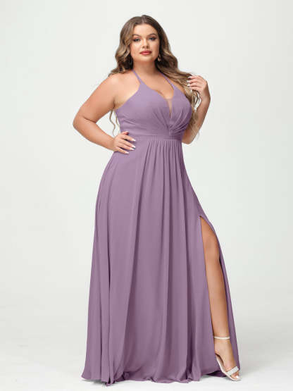 A Line Princess Halter Sleeveless Chiffon Ruched Split Side Plus Size Bridesmaid Dresses with Pockets
