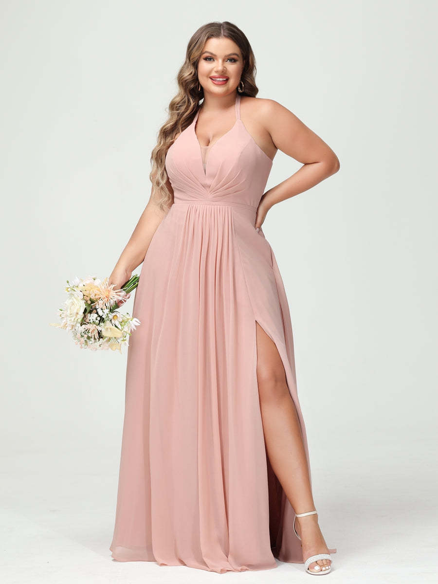 A Line Princess Halter Sleeveless Chiffon Ruched Split Side Plus Size Bridesmaid Dresses with Pockets