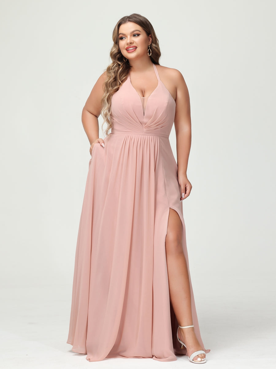 A Line Princess Halter Sleeveless Chiffon Ruched Split Side Plus Size Bridesmaid Dresses with Pockets