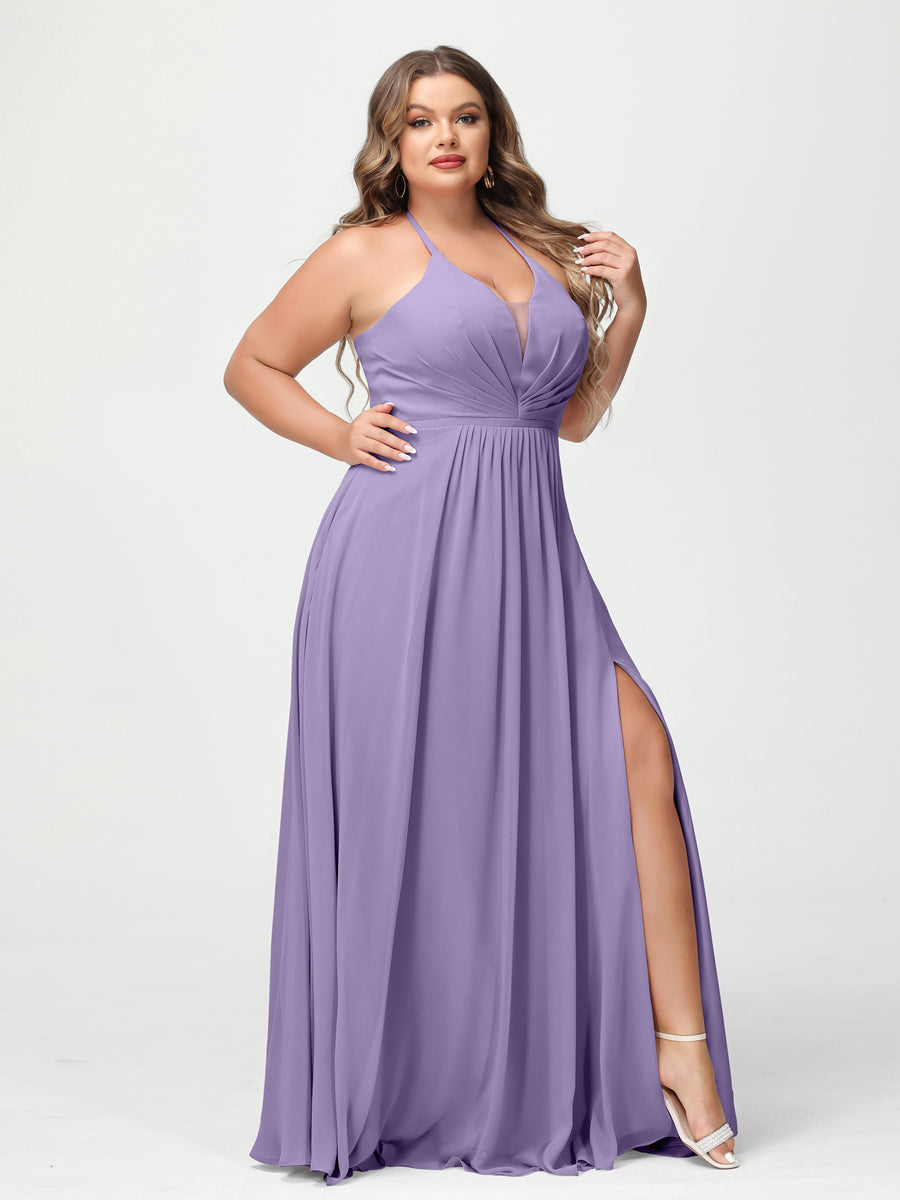 A Line Princess Halter Sleeveless Chiffon Ruched Split Side Plus Size Bridesmaid Dresses with Pockets