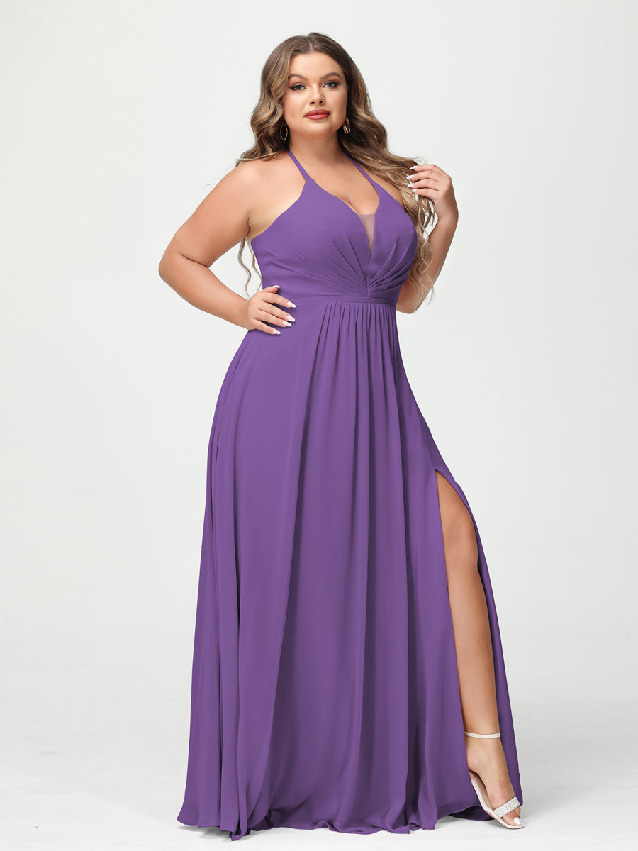 A Line Princess Halter Sleeveless Chiffon Ruched Split Side Plus Size Bridesmaid Dresses with Pockets