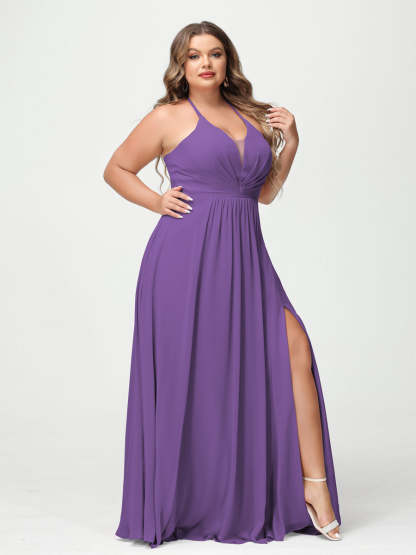 A Line Princess Halter Sleeveless Chiffon Ruched Split Side Plus Size Bridesmaid Dresses with Pockets