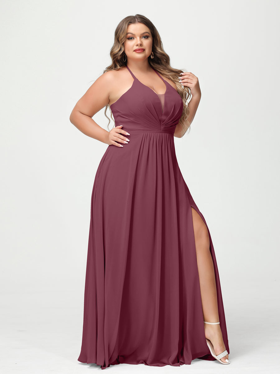 A Line Princess Halter Sleeveless Chiffon Ruched Split Side Plus Size Bridesmaid Dresses with Pockets