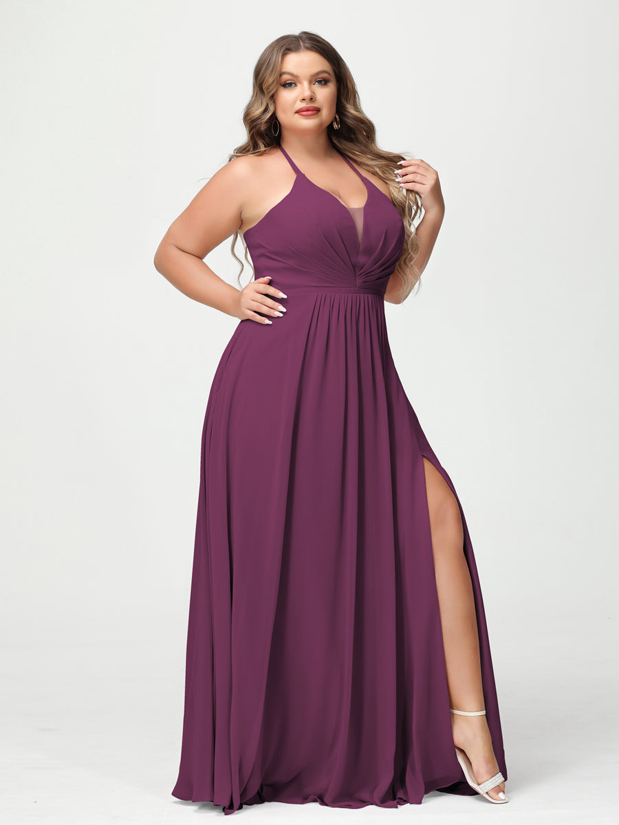 A Line Princess Halter Sleeveless Chiffon Ruched Split Side Plus Size Bridesmaid Dresses with Pockets