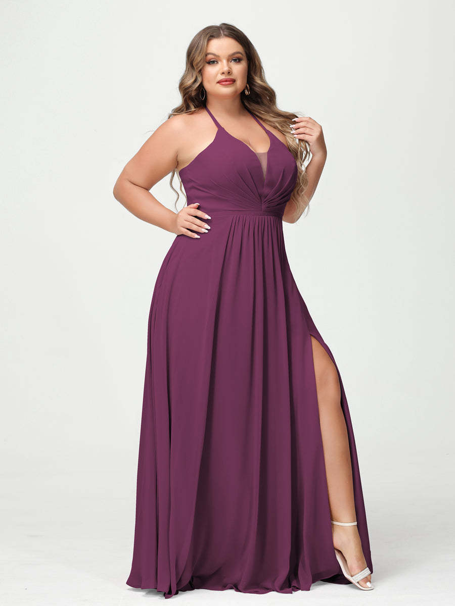 A Line Princess Halter Sleeveless Chiffon Ruched Split Side Plus Size Bridesmaid Dresses with Pockets