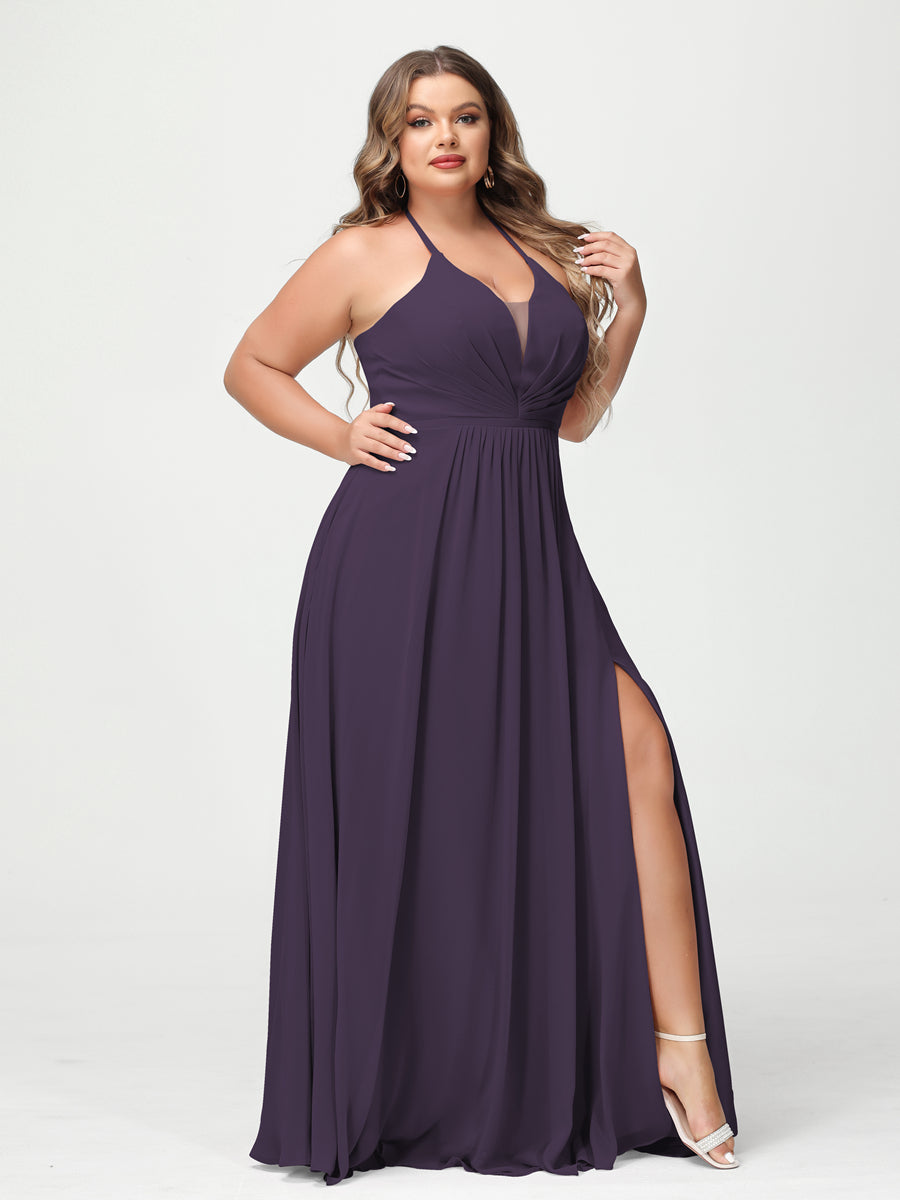 A Line Princess Halter Sleeveless Chiffon Ruched Split Side Plus Size Bridesmaid Dresses with Pockets