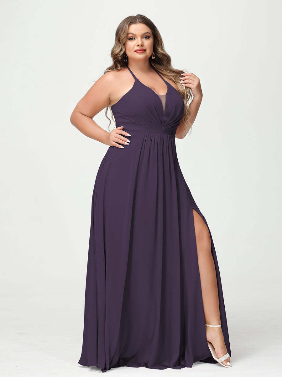 A Line Princess Halter Sleeveless Chiffon Ruched Split Side Plus Size Bridesmaid Dresses with Pockets