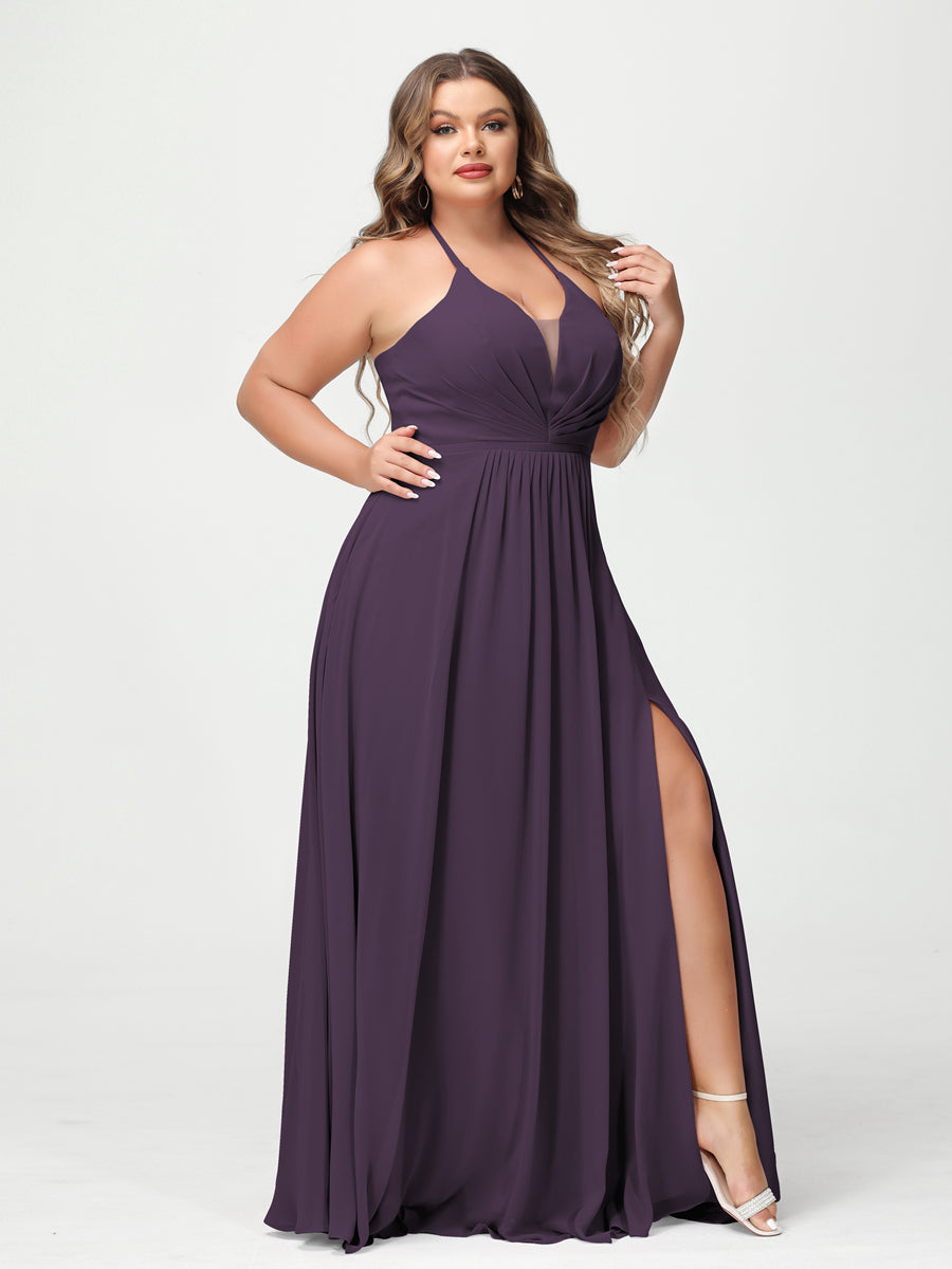 A Line Princess Halter Sleeveless Chiffon Ruched Split Side Plus Size Bridesmaid Dresses with Pockets
