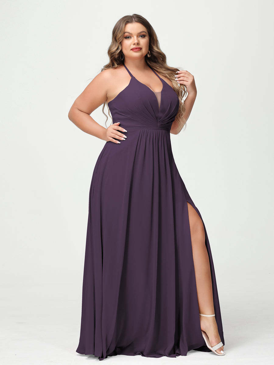 A Line Princess Halter Sleeveless Chiffon Ruched Split Side Plus Size Bridesmaid Dresses with Pockets