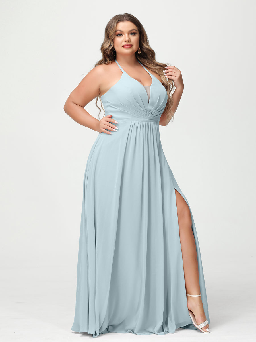 A Line Princess Halter Sleeveless Chiffon Ruched Split Side Plus Size Bridesmaid Dresses with Pockets