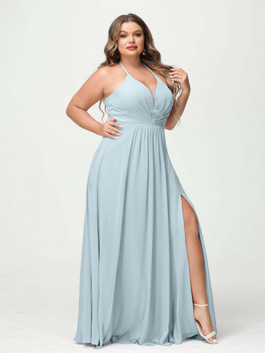 A Line Princess Halter Sleeveless Chiffon Ruched Split Side Plus Size Bridesmaid Dresses with Pockets