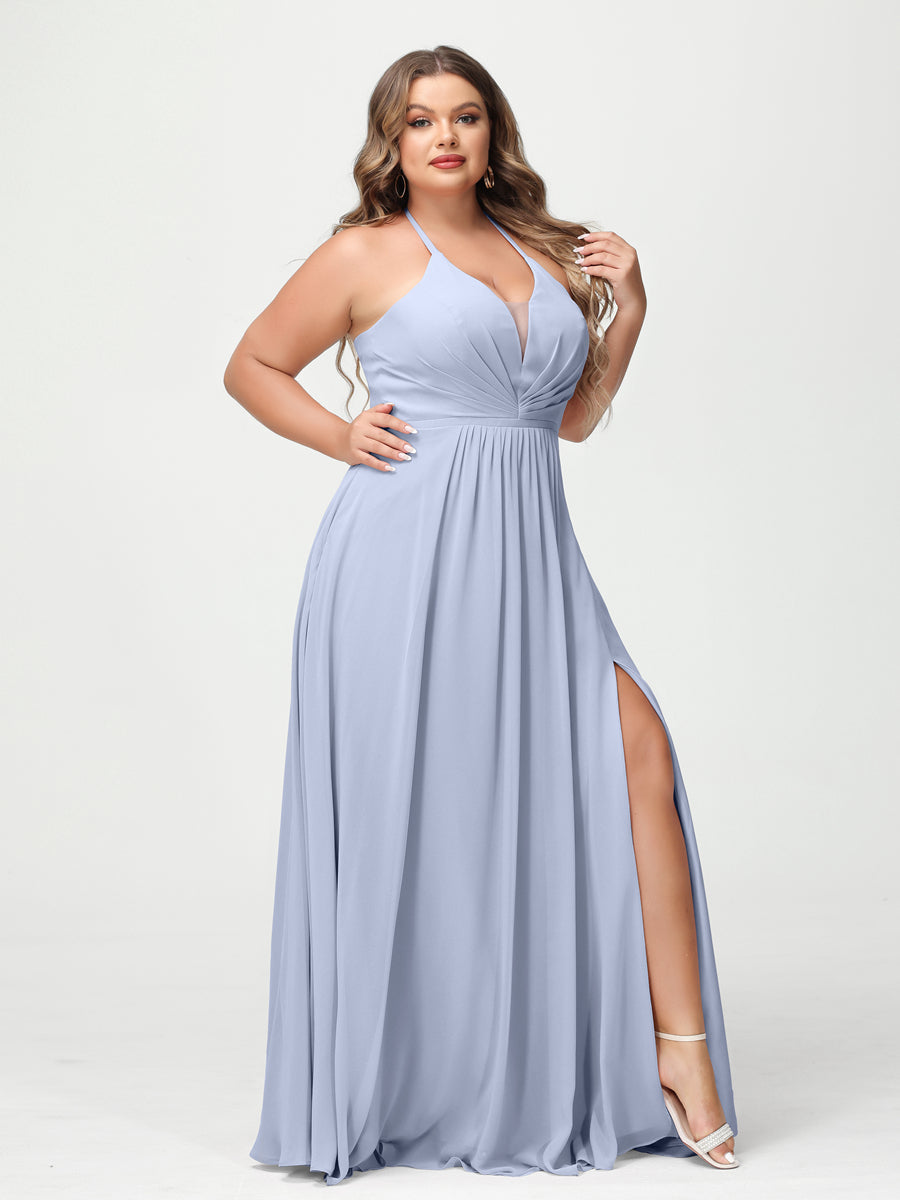A Line Princess Halter Sleeveless Chiffon Ruched Split Side Plus Size Bridesmaid Dresses with Pockets